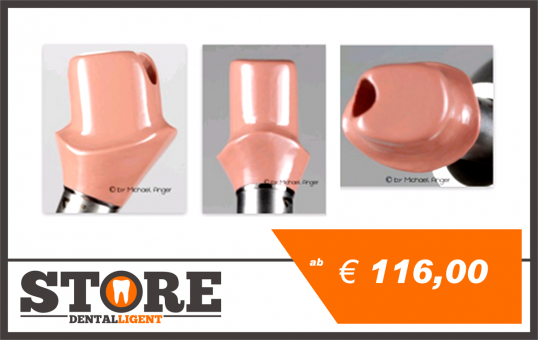 Pink PEEK abutment with 0 ° -angled milling, included adhesive, base material and processing. 